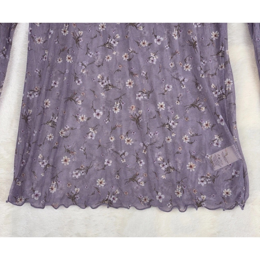 Anthropology Hem & Thread Sz L Ditsy Print Mesh Cabbage Long Sleeve Top Lavender - Picture 6 of 15